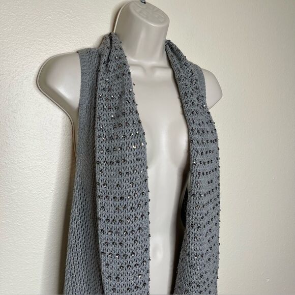 Lane Bryant Gray Duster Vest Waterfall Neck Sequin Beads Open Weave Women 14/16 - Picture 2 of 11